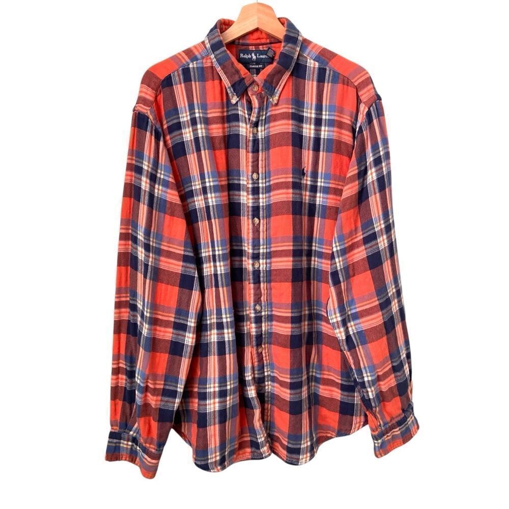 Vintage Ralph Lauren Genuine Mountain Equipment Men's Orange Plaid Shirt in XXL